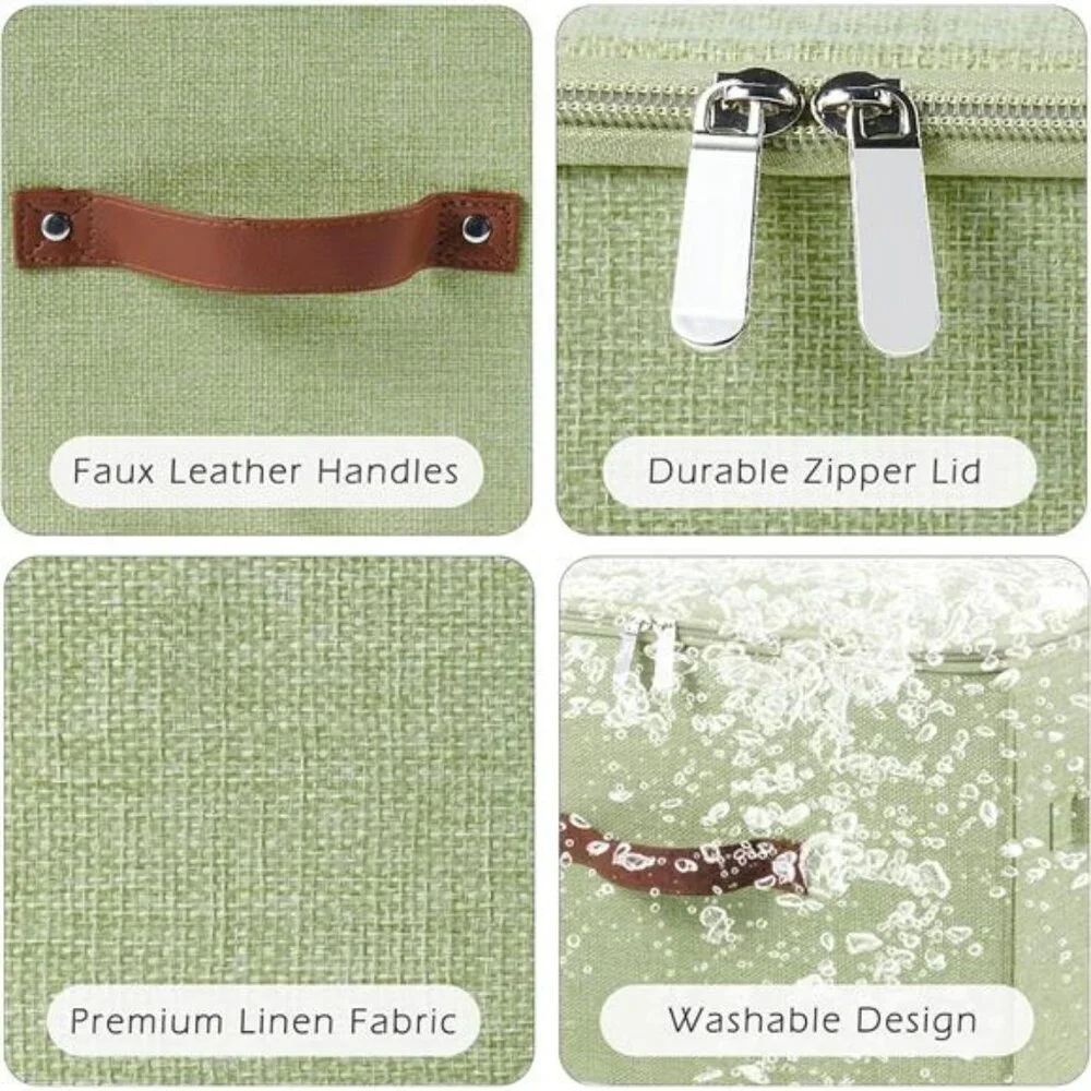 Fabric storage bin with zipper lid foldable closet organizer box with handles